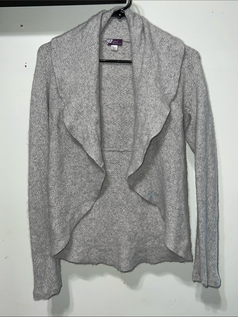 100% Cashmere Light Gray Draped Open-Front Cardigan Sweater